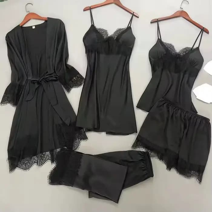 Blanc 5 pièces ensemble de sommeil Pyjamas dame dentelle Satin