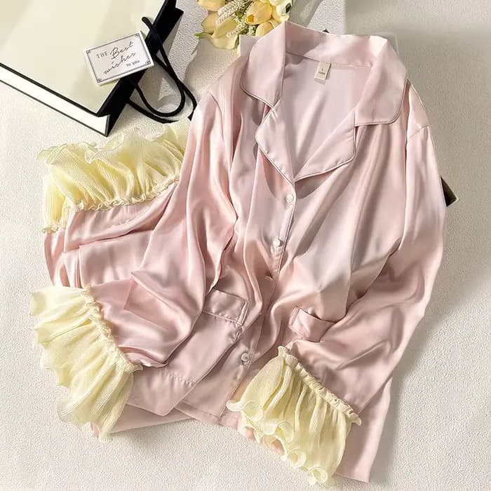 Nouveau rose Style princesse haut pantalon 2 pièces pyjama costume manches évasées vêtements de nuit femmes rayonne