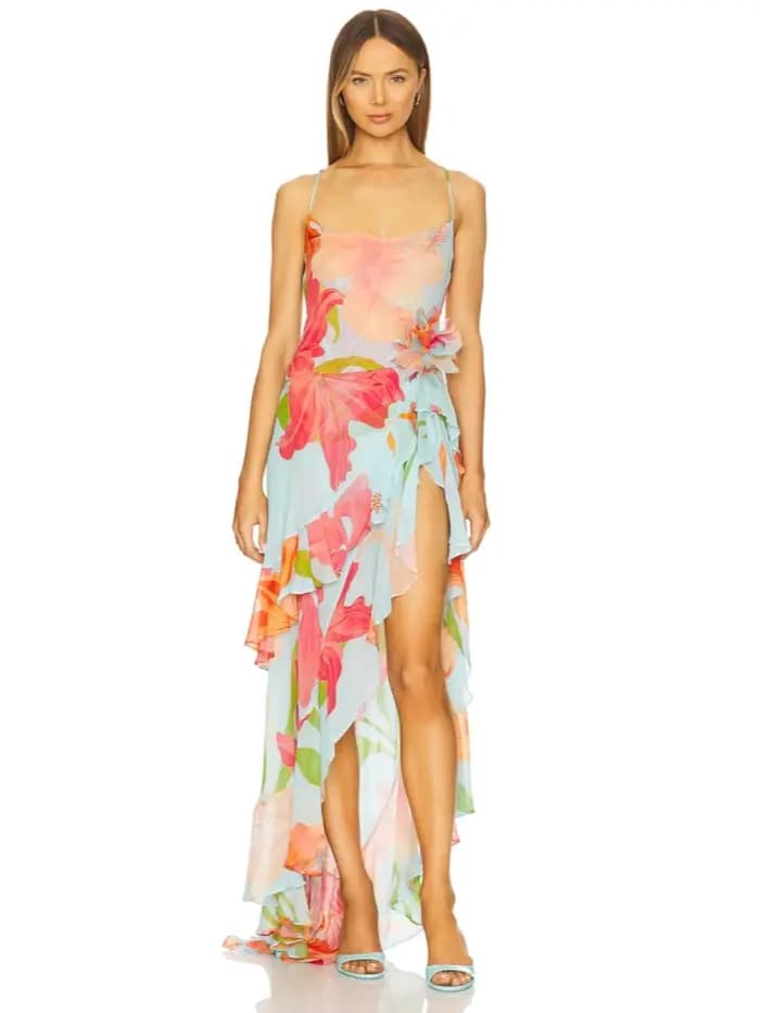 Robe longue d'été sexy à bretelles spaghetti imprimée avec volants fendus pour femme