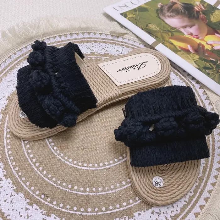 FHC 2024 nouveaux pantoufles en macramé faites à la main pour femmes, diapositives en lin décontract