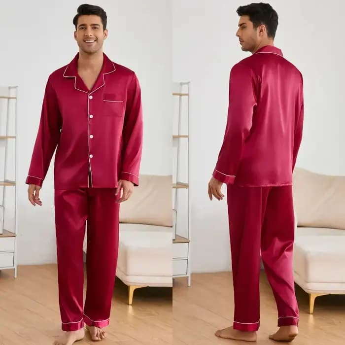 Hommes vêtements de nuit Satin pyjama ensembles à manches longues hauts avec pantalon