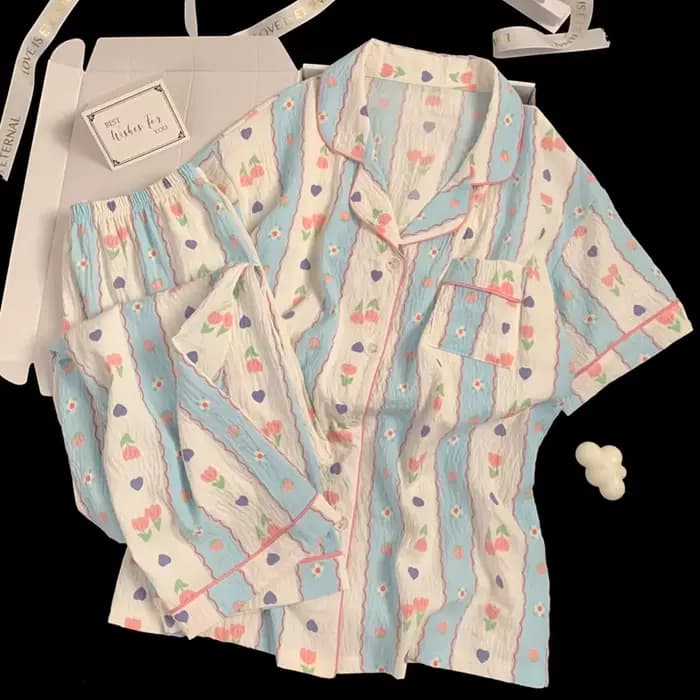 Nouvelle collection printemps/été : pyjamas à rayures de style campagnard pour femmes – ensemble trois pièces à manches courtes pour se détendre à la maison