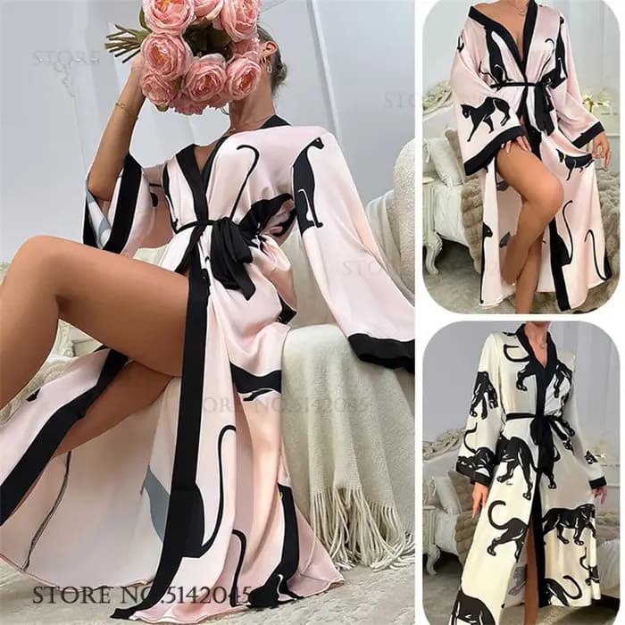 Femmes soie Satin longue Robe vêtements de détente imprimé dessin animé léopard chat Kimono peignoir