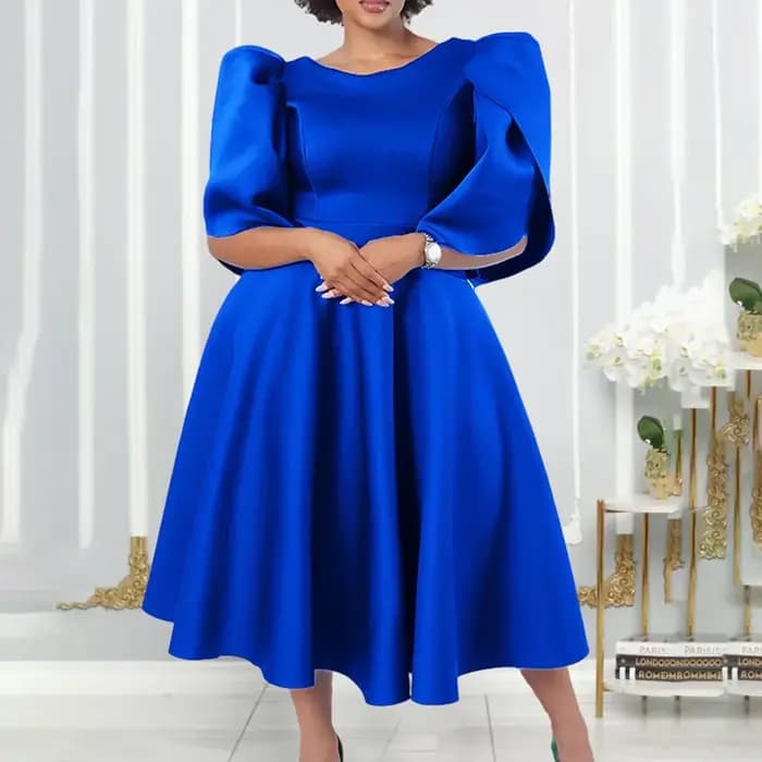 Robe de soirée plissée mi-mollet taille haute pour femme
