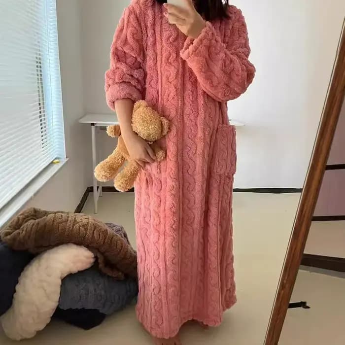 Hiver femmes flanelle chemises de nuit à manches longues Double poche ample solide vêtements