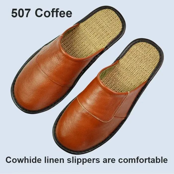 Pantoufles en cuir de vache véritable et lin pour hommes et femmes
