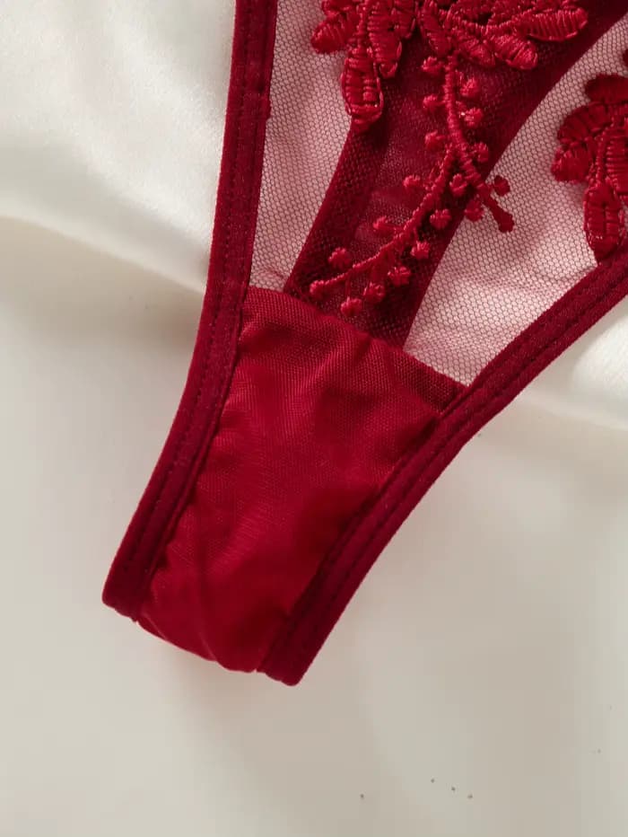Chemise de nuit semi-transparente brodée d'oreilles de blé style campagne pour femme rouge vin