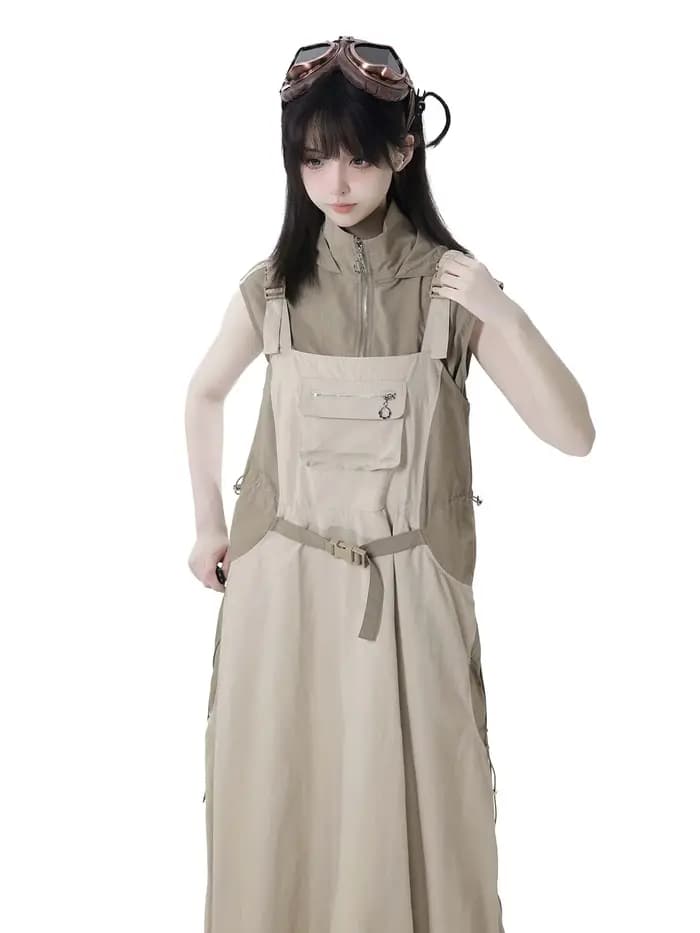 Robe légère et respirante kaki brodée à bretelles étendues pour femmes