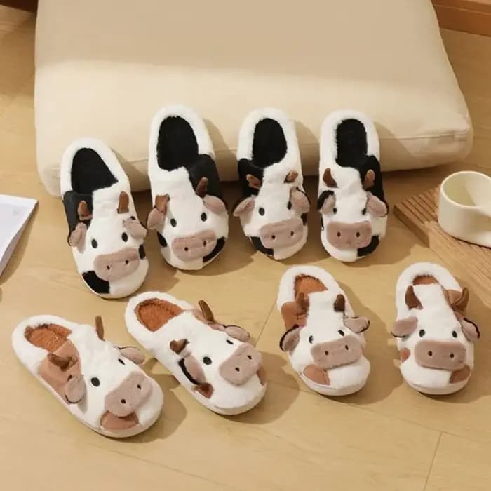 1 paire de pantoufles en forme de vache Kawaii antidérapantes