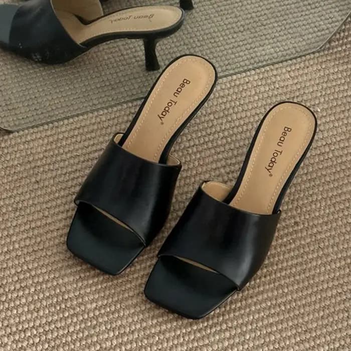 BEAUTODAY pantoufles élégantes femmes en cuir de veau couleur unie bout carré talons fins dames chaussures de plein air à la main 35110