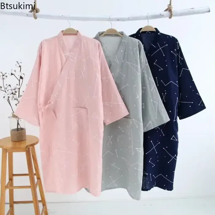 Style japonais Kimono pyjama Robes femmes été mince coton gaze col en v Simple chemise de nuit ample dames salon à lacets peignoir