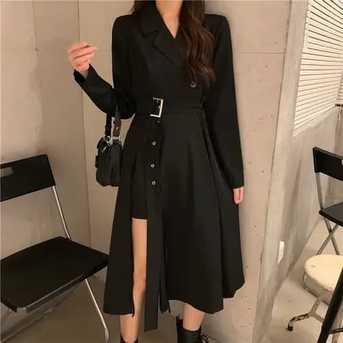 Robe mi-longue à manches longues pour femmes, écharpes élégantes, ligne A fendue sur le côté, charme