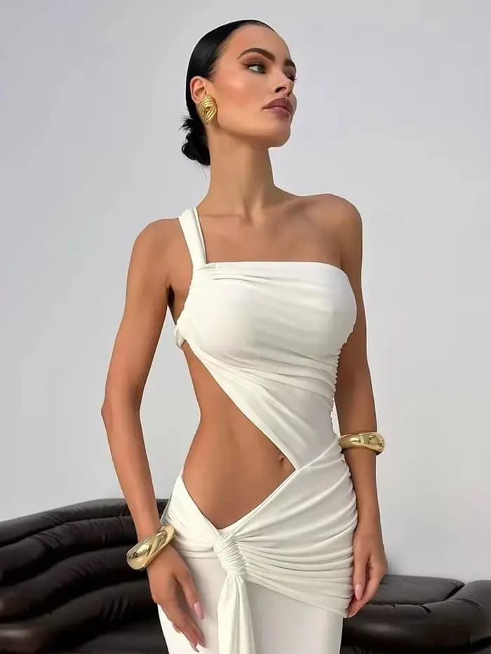 Robe dos nu asymétrique à une épaule pour femme