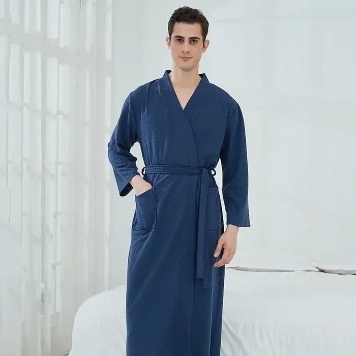 Gaufre femmes peignoir automne hiver solide col en V dames robe de chambre coton poches à manches longues Kimono avec ceintures pour femme