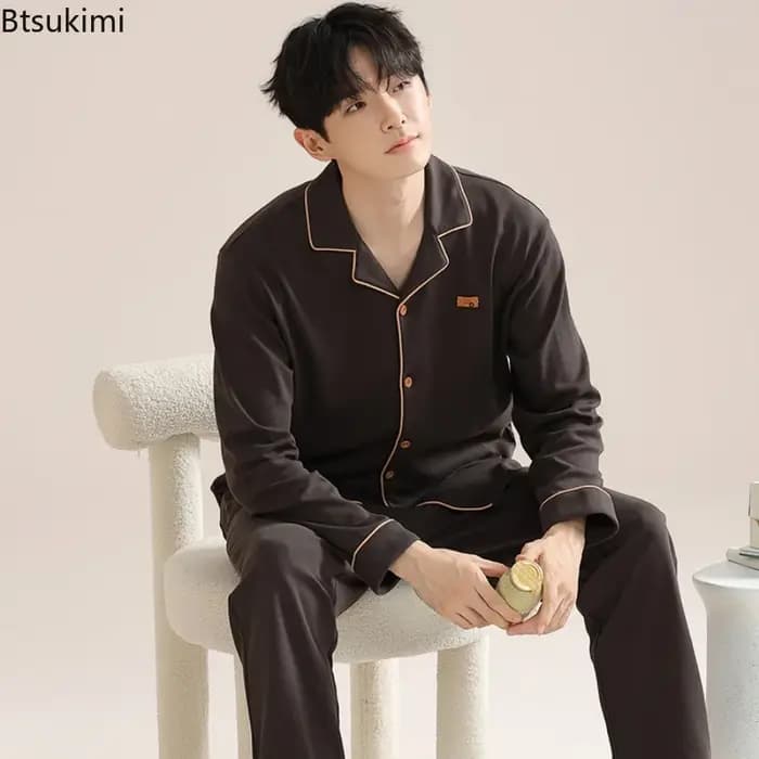 Pyjama pour hommes printemps automne à manches longues revers boutonné Cardigan pantalon deux pièces ample décontracté