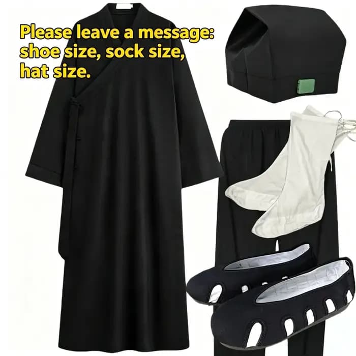 Ensemble de Robe Taoïste Traditionnelle Chinoise : Tunique Longue à Col Croisé avec Pantalon et Chapeau