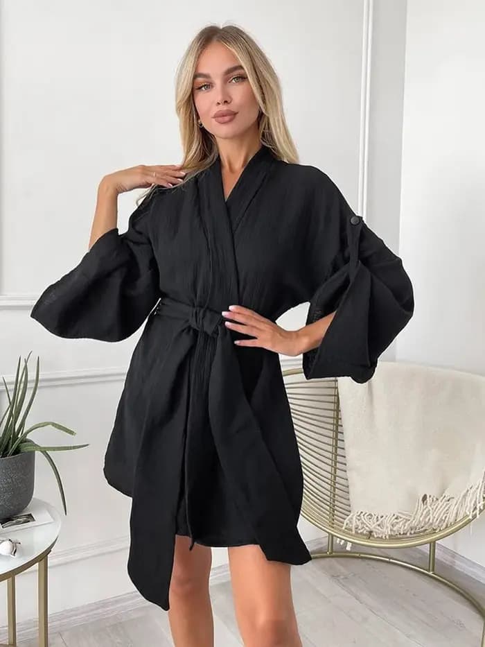 Marthaqiqi – Robe de nuit en coton pour femmes, pyjama Sexy à col en v, peignoir à lacets, manches l
