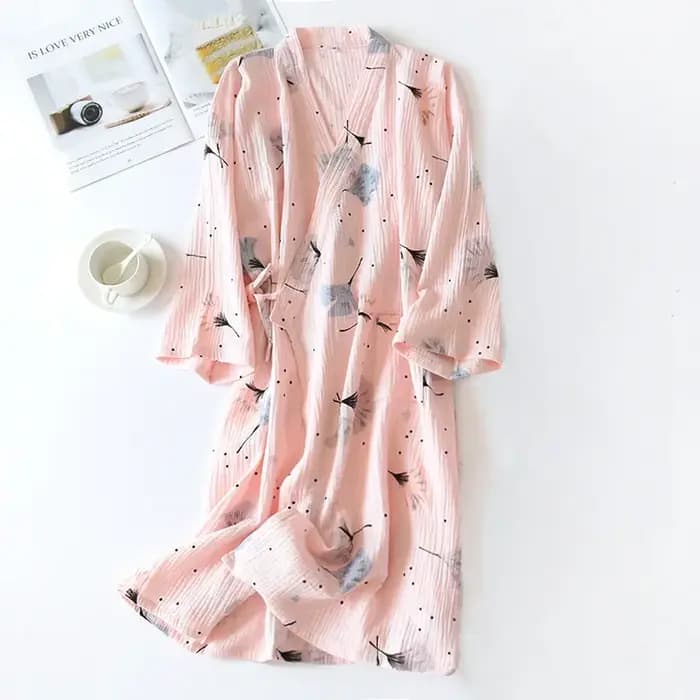 Peignoir Kimono pour femmes, peignoir avec plumes imprimées, 100% coton, automne