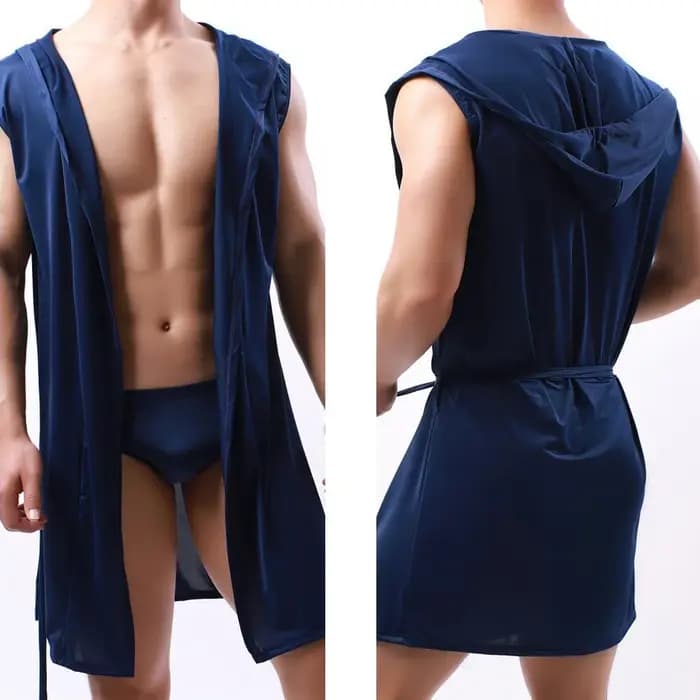 Hommes peignoir à capuche maille soie voir à travers sans manches serviette longue Robe de bain sweats