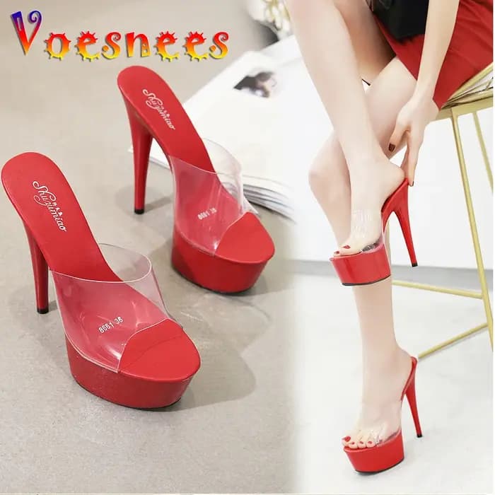 2025 pantoufles d'été 6 couleurs rouge blanc noir femmes plate-forme chaussures Sexy boîtes de nuit T scène spectacles talons hauts 15 cm grande taille 34-41