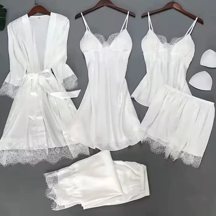 Blanc 5 pièces ensemble de sommeil Pyjamas dame dentelle Satin
