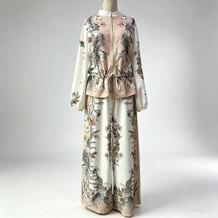 Ensemble pyjama 2 pièces élégant à imprimé floral Phénix, haut zippé et pantalon large à cordon de s