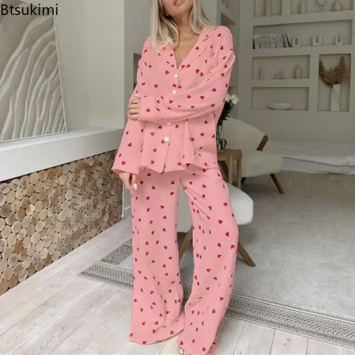 Nouveau 2026 amour coeur imprimé pyjama 100% coton à manches longues ensemble 2 pièces tenue revers vêtements de nuit