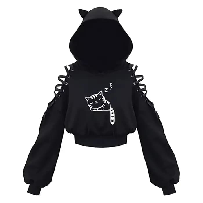 Y2k gothique femmes à capuche chat oreille haut court sweat à capuche évider à lacets à manches long
