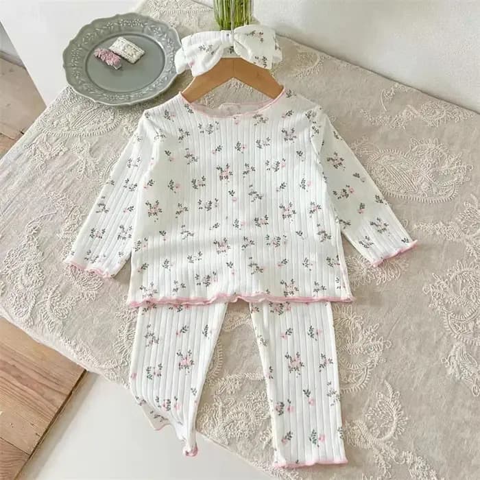  Nouveauté bébé filles imprimé fleuri coton pyjama ensemble à manches longues dentelle garniture de