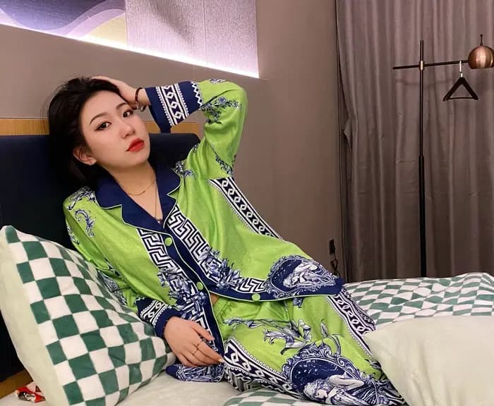 Style Boho femmes vert pyjama ensemble soie été dames Homewear peut être porté à l'extérieur de luxe