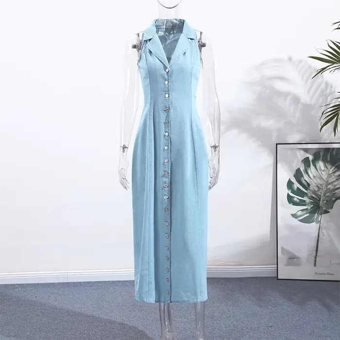 Robes Maxi à revers en Denim sans manches pour femmes, avec boutons longs, tendance, bleu délavé, Sl