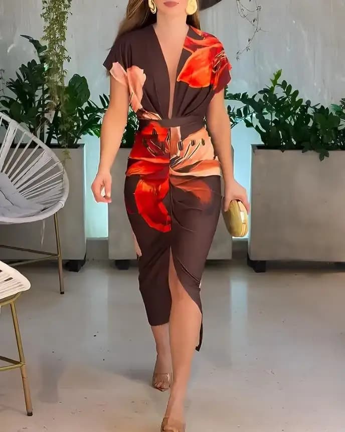 Robes pour femmes 2025 printemps été mode Placement florale imprimé col en v profond fente avant robe froncée coupe