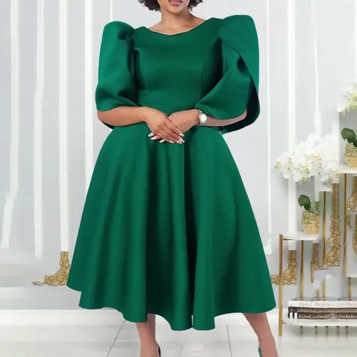 Robe de soirée plissée mi-mollet taille haute pour femme