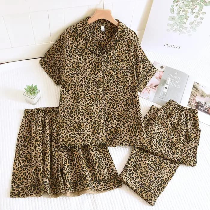 Ensemble de vêtements pyjama 3 pièces en coton pour femmes, Cardigan à manches courtes imprimé léopa