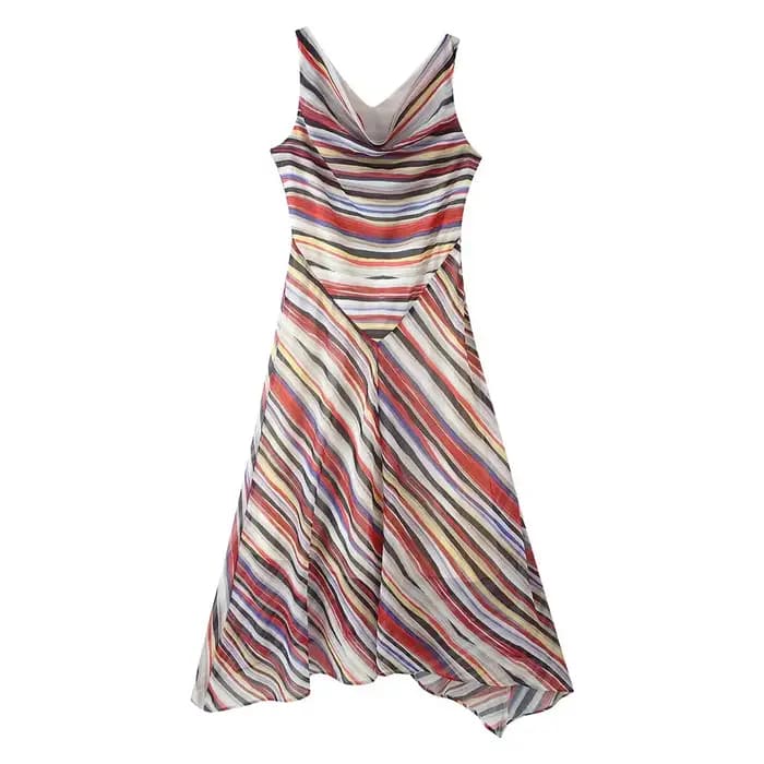 Robe longue chic sans manches à rayures et bretelles spaghetti pour femme