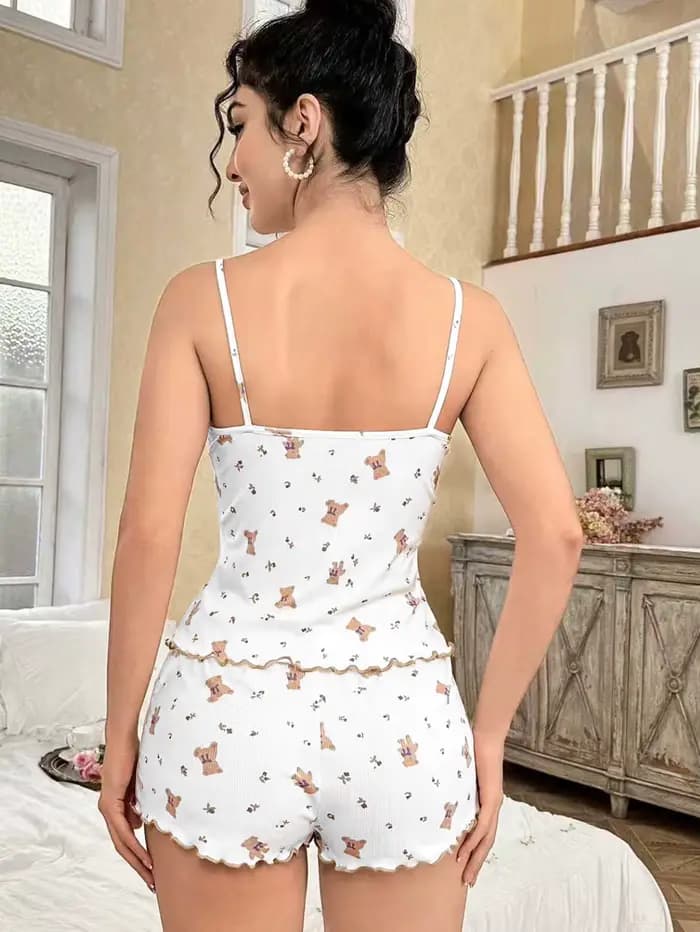 Nouvel ensemble de pyjama côtelé Y2K mignon motif ours en peluche pour femme