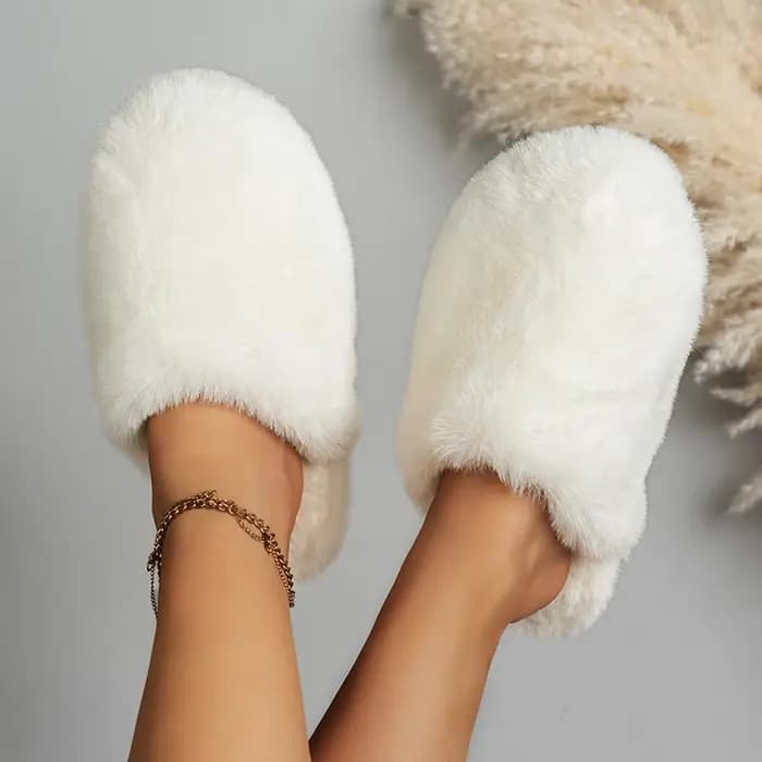 2025 hiver Beige moelleux flou pantoufles femmes confortable chaud maison coton