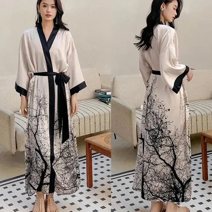 Style chinois imprimé femmes longue Robe chemise de nuit rétro Satin vêtements