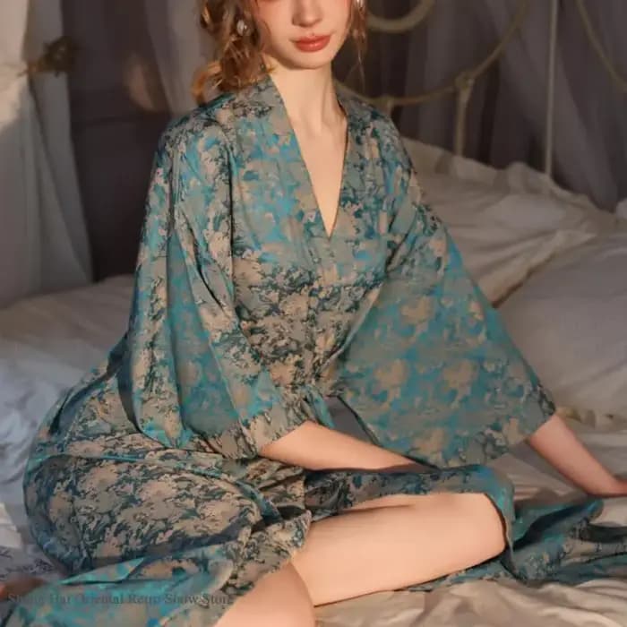 Luxe Jacquard longue Robe chemise de nuit femmes demi manches Kimono peignoir