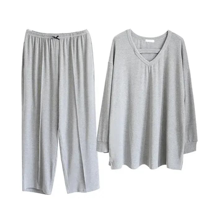 Pyjama deux pièces monochrome à manches longues et col en V pour femme