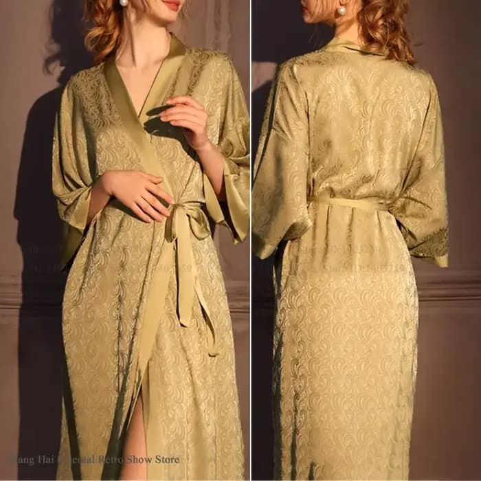 Luxe Jacquard longue Robe chemise de nuit femmes demi manches Kimono peignoir