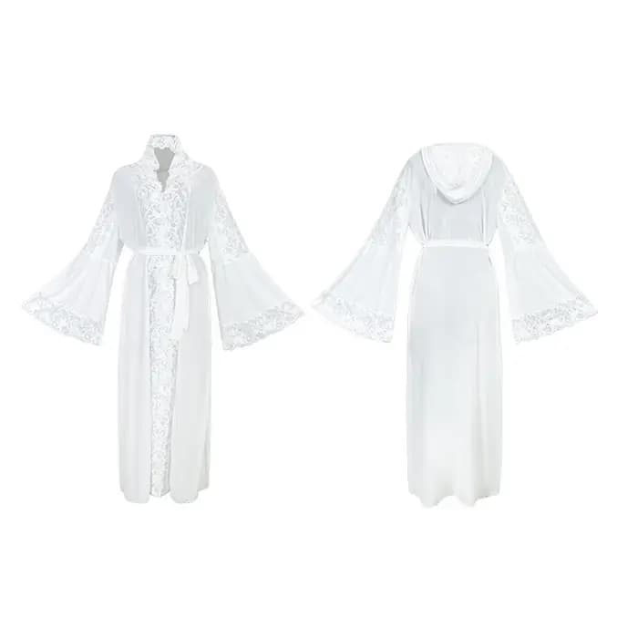 Luxe dentelle garniture à capuche longue Robe Kimono maille peignoir printemps été femme vêtements de nuit