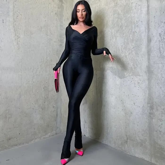 Haut à manches longues et pantalon crayon à col en V pour femme, ensemble de batterie mince, tenues