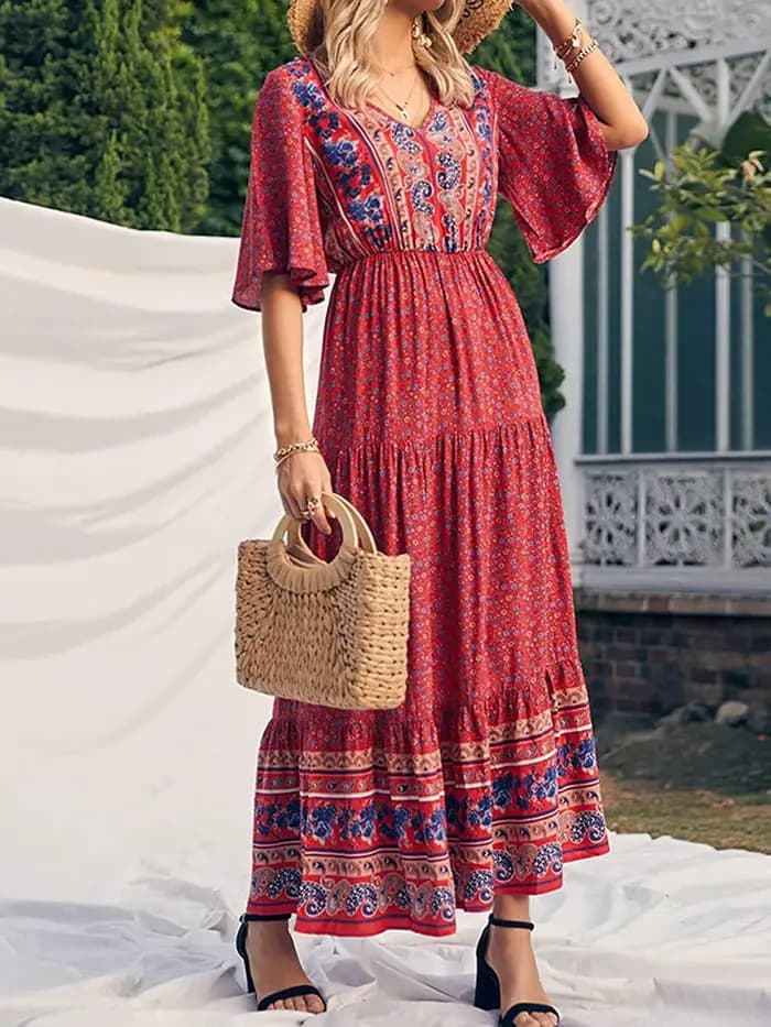 Robe longue décontractée à manches courtes et col en V pour femmes