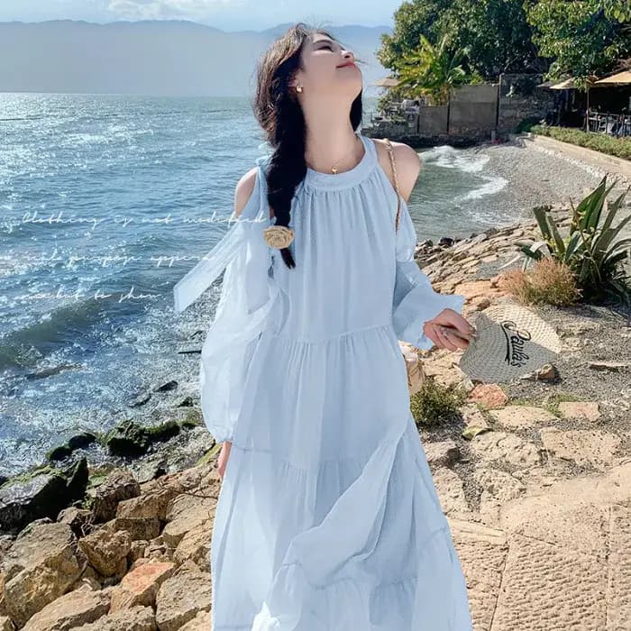 Robe ample et décontractée pour femme, style français, épaules dénudées, idéale pour les vacances à