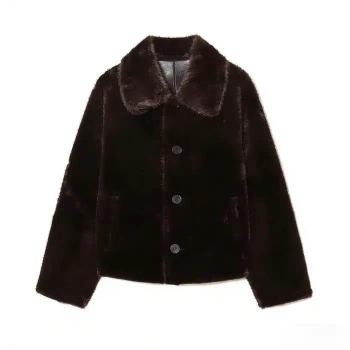 Veste femme 2025 automne/hiver nouveautés marron foncé à manches longues en simili cuir veste révers