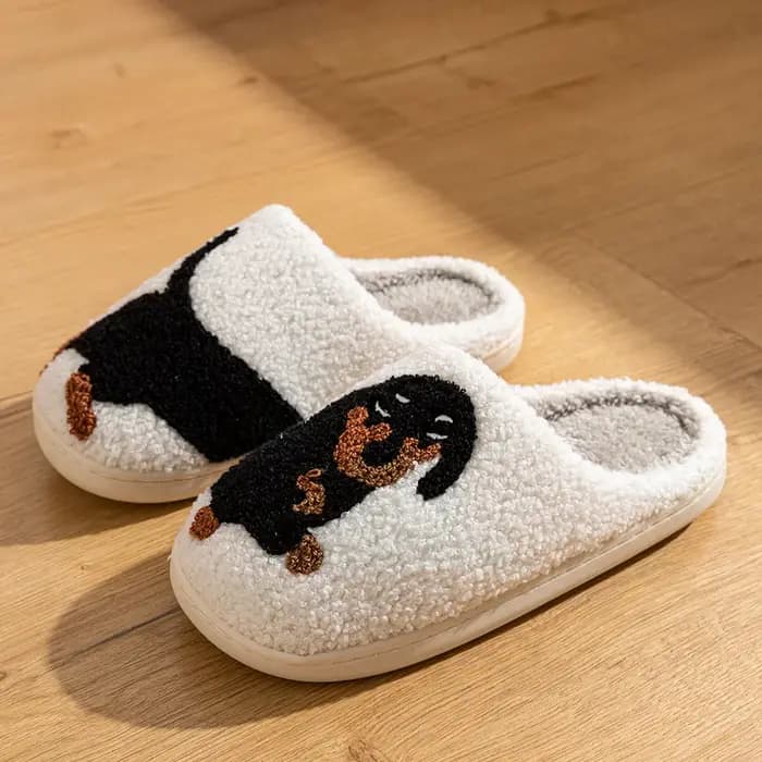 Chaussons pour femmes classique chien motif brodé maison d'hiver intérieur semelle souple chaud décontracté confortable