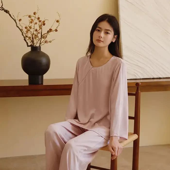 2025 Satin couleur unie Jacquard Antique pull pyjama ensemble femmes à manches longues pantalon col rond vêtements de détente Viscose pyjamas