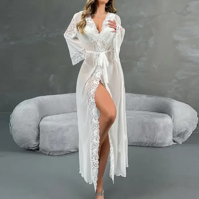 Luxe dentelle garniture à capuche longue Robe Kimono maille peignoir printemps été femme vêtements de nuit