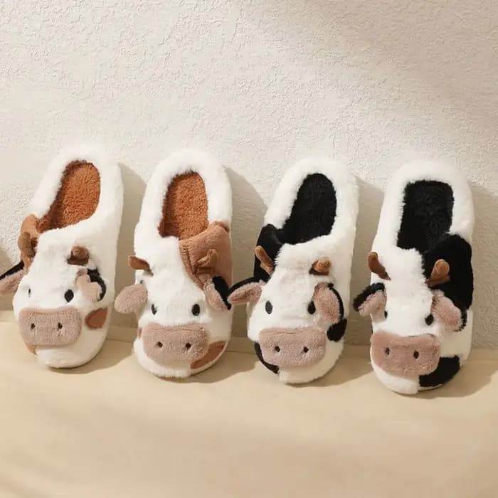 1 paire de pantoufles en peluche de vache antidérapantes